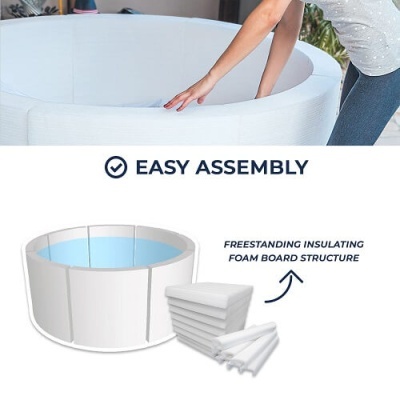 Piscina insuflável branca com estrutura de espuma e texto EASY ASSEMBLY