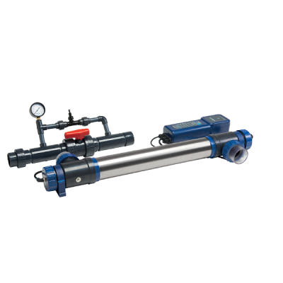 Dispositivo tubular metálico com acessórios em tubos pretos e válvula vermelha