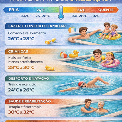 Infográfico com temperaturas ideais da água da piscina para vários usos, com ilustrações de famílias e pessoas em piscina e spa.