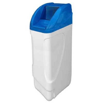 Depósito plástico branco com tampa azul retangular e arredondada