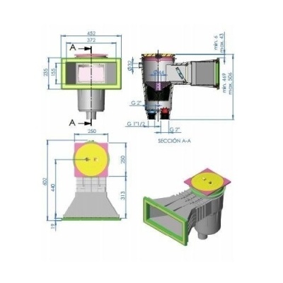 Desenho técnico colorido de peça mecânica com medidas e anotações