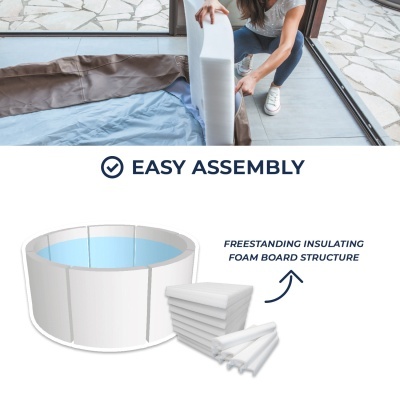 Montagem fácil de estrutura de espuma isolante branca para piscina com texto e pessoa a montar