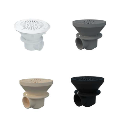 Quatro ralos de chão em plástico de cores branco, cinzento, bege e preto