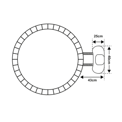 Desenho técnico de estrutura circular com forma retangular ligada e medidas indicadas
