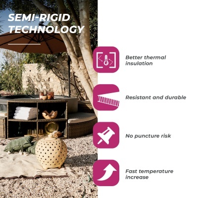 Vaso decorativo em cerâmica e pufe em ambiente exterior com texto sobre tecnologia semi-rígida