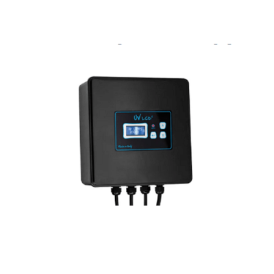 Controlador eletrónico preto com ecrã digital e cabos