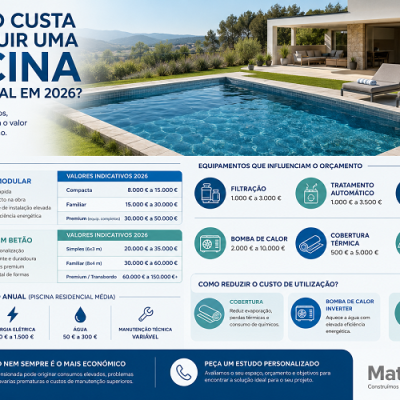 Imagem de uma piscina moderna com texto informativo sobre construção e manutenção de piscinas em Portugal em 2026
