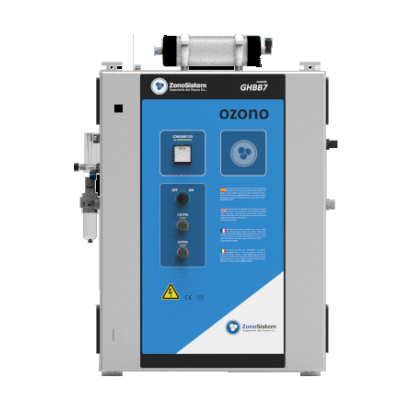 Máquina industrial de ozono ZonaSistem GHB87 com painel azul e estrutura metálica cinza.