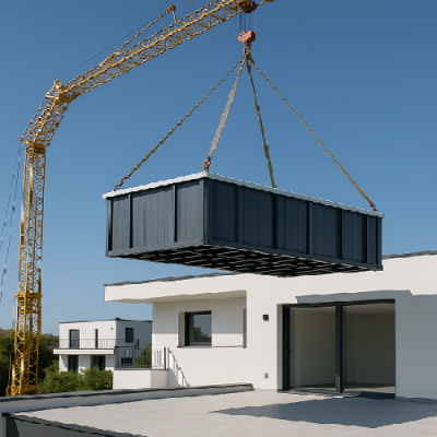 Contentor modular metálico cinza escuro a ser içado por guindaste sobre casa moderna branca.