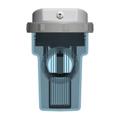 Recipiente transparente com tampa cinzenta e componente interno preto