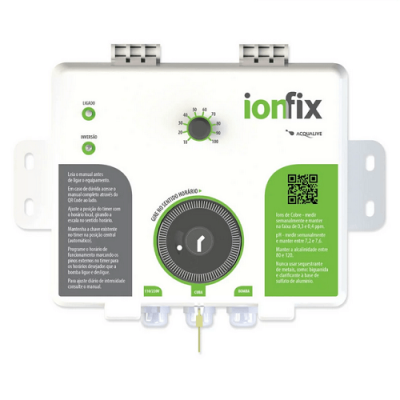 Controlador eletrónico ionfix branco com botões, LEDs e etiquetas verdes