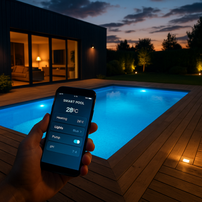 Pessoa segura telemóvel com aplicação SMART POOL para controlar piscina iluminada à noite