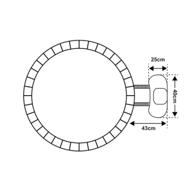 desenho técnico de trampolim circular com suporte retangular e medidas