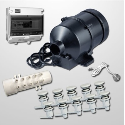 Componentes para piscina incluindo filtro preto, caixa de controle branca, peça tubular branca e dispensadores brancos