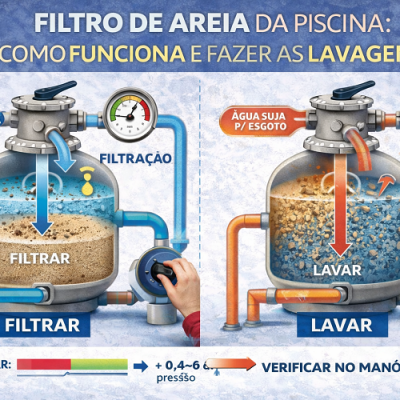 Filtro de areia para piscina com sistema de filtração e lavagem ilustrado com tubos coloridos e manómetros