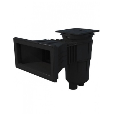 Skimmer de piscina preto de plástico com grande abertura retangular e topo quadrado.