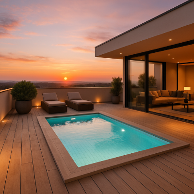 Piscina pequena com deck de madeira, espreguiçadeiras e plantas em casa moderna ao pôr do sol