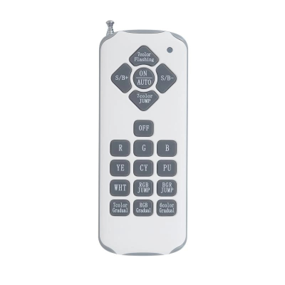 Comando remoto branco para luzes RGB com vários botões cinzentos e texto indicativo.