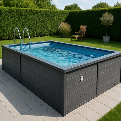 Piscina elevada retangular com escada metálica, área relvada e cadeira de madeira