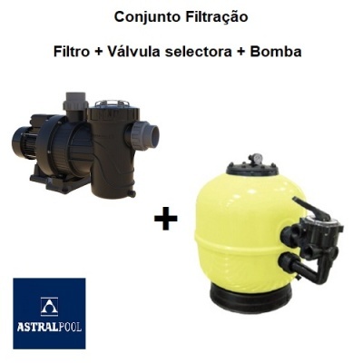 Conjunto de filtração com filtro amarelo, válvula selecionadora preta, bomba preta e texto promocional