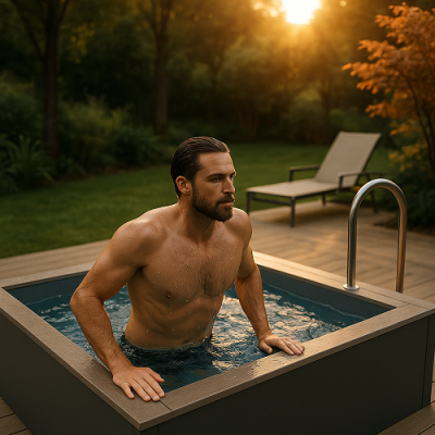 Piscina pequena quadrada com homem dentro num jardim ao entardecer