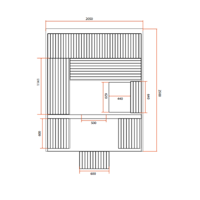 Diagrama técnico em planta de móvel em L com dimensões em milímetros