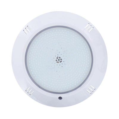 Luz LED redonda com aro branco e superfície texturizada