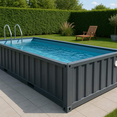 Piscina elevada metálica cinza com escada em jardim com relva e espreguiçadeira