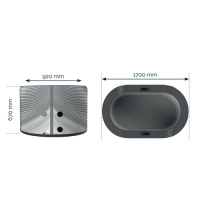 Banheira oval cinza com dimensões 1700x920x670 mm vista de cima e frente