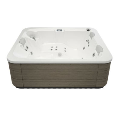Banheira de hidromassagem branca com base castanha que imita madeira
