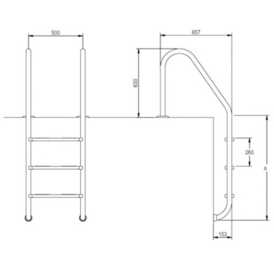 Desenho técnico preto e branco de escada com quatro degraus e medidas