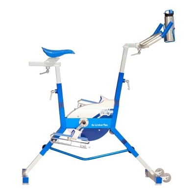 bicicleta de exercício azul e branca com suporte para garrafa