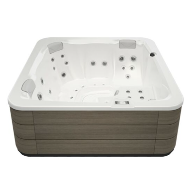 Banheira de hidromassagem quadrada com jatos e cabeceiras cinza