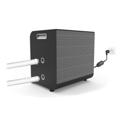 Dispositivo elétrico preto com grelha metálica cinzenta, duas mangueiras brancas e cabo de alimentação plugado