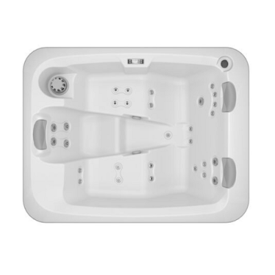 Banheira de hidromassagem branca vista de cima com jatos de água e assentos moldados