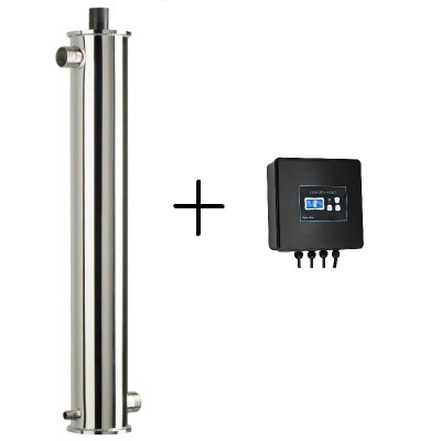 Filtro cilíndrico em aço inox e controlador digital preto