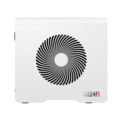 Dispositivo branco com ventoinha preta circular e texto MAG 4FI