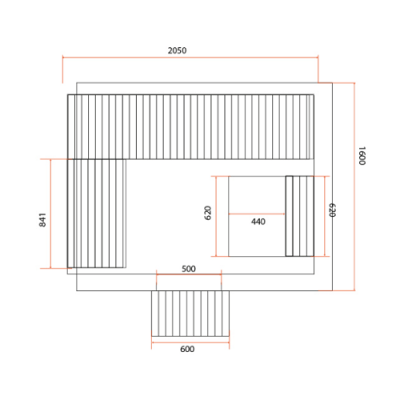 Diagrama técnico de assentos em forma de L com medidas em milímetros