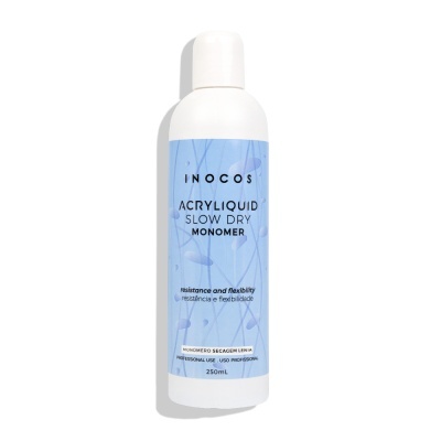 Frasco branco com rótulo azul claro de líquido acrílico monômero slow dry