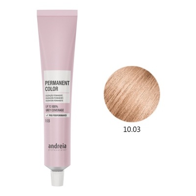 Tubo rosa de coloração permanente para cabelo e amostra de cor castanho claro 10.03.