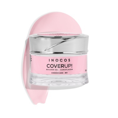 Frasco de gel construtor para unhas INOCOS COVERUP com rótulo rosa e tampa prateada