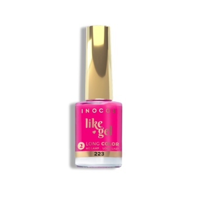 Frasco de verniz de unhas cor cor-de-rosa com tampa dourada e texto dourado