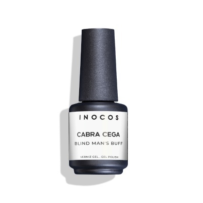 Frasco de verniz gel preto com etiqueta branca e texto preto