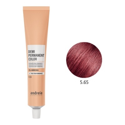 Tubo de coloração capilar demi permanente bege com amostra cor vinho 5.65