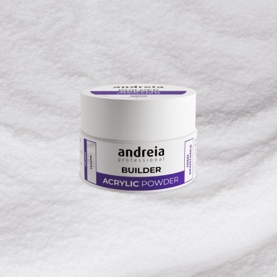 Pote branco de acrílico para unhas andreia professional BUILDER ACRYLIC POWDER sobre fundo branco texturizado