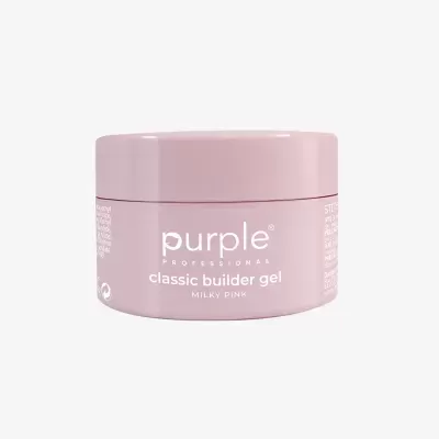 Frasco de gel builder rosa claro com texto branco