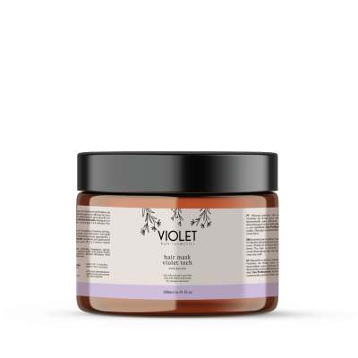 Máscara de cabelo Violet Tech em frasco castanho com tampa preta e etiqueta clara