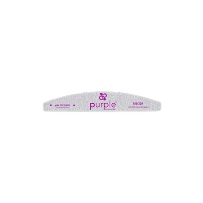 Lima de unhas curva cinzenta e lilás com texto roxo