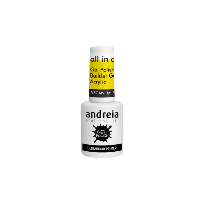 Frasco de verniz gel Andreia Professional com rótulo preto e amarelo