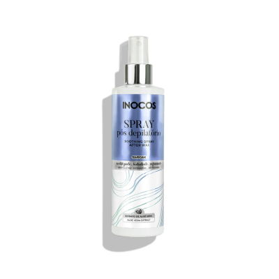 Frasco de spray pós depilatório INOCOS com rótulo azul metálico e tampa spray prateada